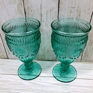 Pioneer Woman Adeline Teal 12floz Glass Stem Water Goblets Vtg Pattern(Set of 2)
